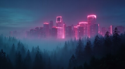 City Skyline Emerging From Purple Dawn Mist