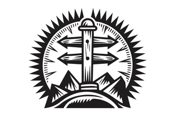 Directional arrows point from a central post within a sunburst and mountain landscape