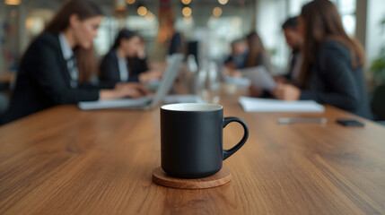 Close up of hot coffee in office with working environment background