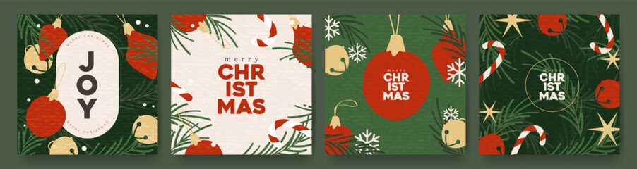 Merry Christmas and Happy New Year banner set with festive decorations, postcard layout, winter elements, and elegant holiday design for social media, greetings, and promotional use