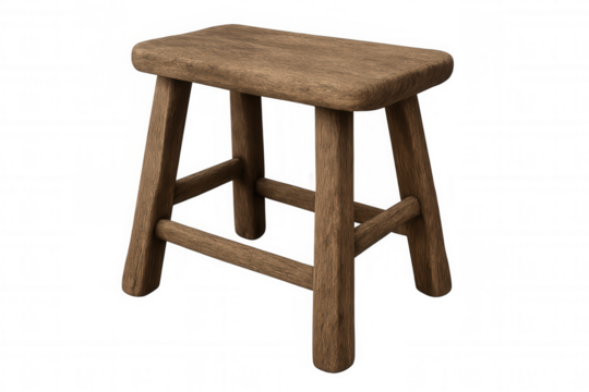 Rustic wooden stool featuring minimalist design, sitting on clean transparent background for seamless digital integration and versatile styling