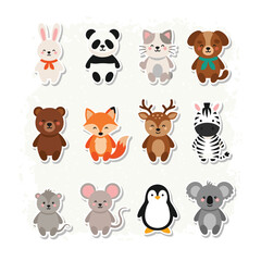 Fototapeta premium A charming collection of cute cartoon animals including a rabbit panda cat dog bear fox deer zebra mouse penguin and koala.