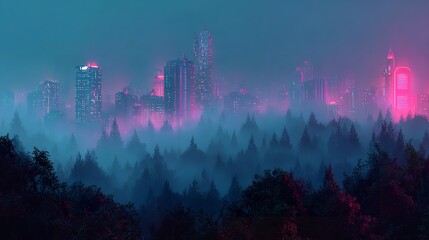 City Skyline Emerging From Purple Dawn Mist