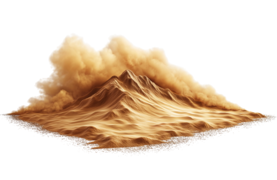 A dynamic desert scene featuring sand formations and swirling dust, isolated on transparent background
