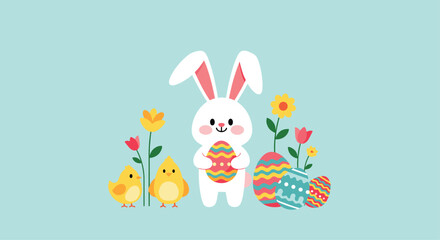 A cute white bunny holds an easter egg surrounded by baby chicks and blooming flowers.