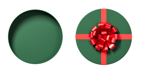 Round green gift box with a shiny red ribbon and bow, shown open and closed, realistic style on white background, concept of celebration or gift. 3D Rendering.