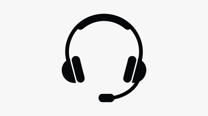An illustration of a black headset with a microphone on a white background in a simple design style