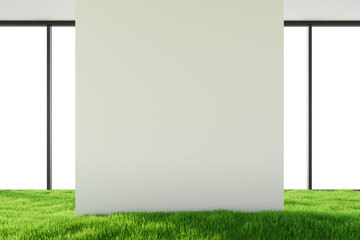 Empty beige wall with lush green grass flooring, modern architectural style, indoor background, concept of eco-friendly interior design. 3D Rendering.
