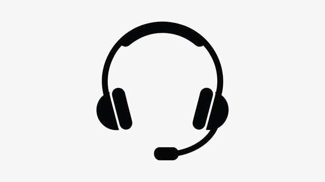 An illustration of a black headset with a microphone on a white background in a simple design style