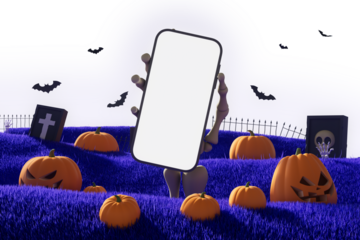 Cartoon-style skeleton hand holding phone in a spooky Halloween graveyard with pumpkins, tombstones, bats on purple grass background. 3D Rendering.