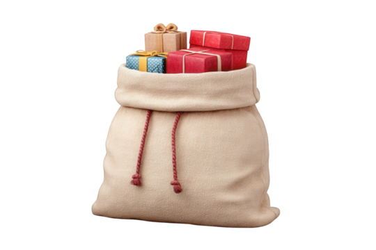 Santas sack full of christmas presents isolated on transparent background