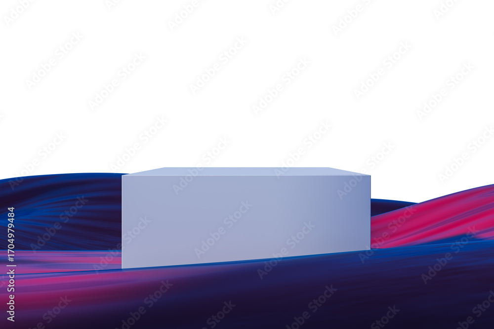 Poster blue rectangular podium on abstract pink and blue wave shapes, minimal 3d rendering style, placed on