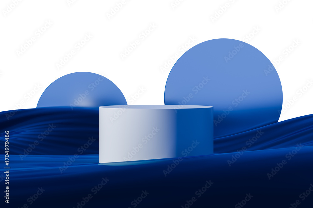 Poster blue cylindrical podium with abstract wave texture and round backdrop shapes, minimal style on a whi