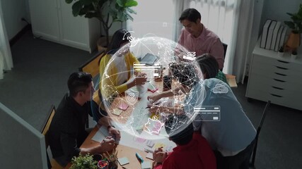 A dynamic office scene featuring a diverse team engaged in collaboration, with digital symbols of connectivity and security highlighting the importance of modern business practices. Raster - Powered by Adobe