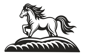 Elegant Horse Stallion on Field, Grassy Landscape Black and White