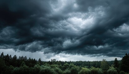 Fototapeta premium Dark, ominous clouds loom over a dense forest