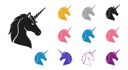 Colorful unicorn head silhouettes for creative design and art projects.