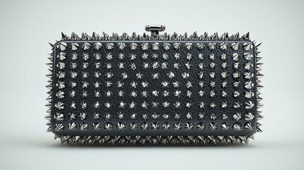 Black studded clutch bag against a plain background