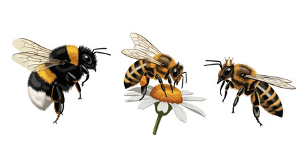 Honeybees on a Flower Detailed Illustration.