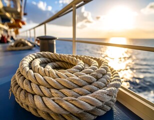 Nautical rope coiled on a ship's deck at sunset