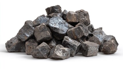 Pile of black coal rocks on white background