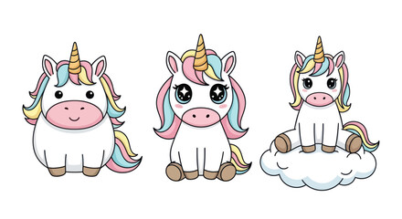 Charming cartoon unicorns in various poses showcasing their colorful manes and golden horns.