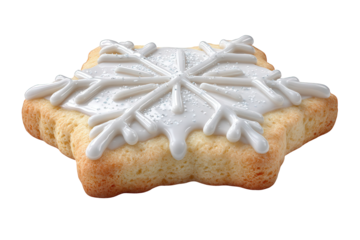 Star shaped cookie with white snowflake icing isolated on transparent background