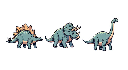 Set of three cute cartoon dinosaurs Stegosaurus Triceratops and Brachiosaurus. © anidaahza
