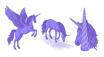 Mythical Unicorns Set with Winged and Grazing Creatures and a Detailed Head.