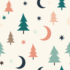 Fototapeta premium A whimsical pattern of crescent moons and stylized evergreen trees scattered across a pale background.