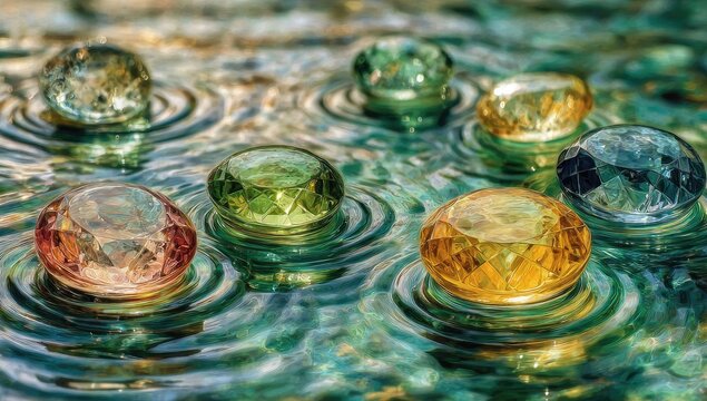 Colorful gems on rippled water