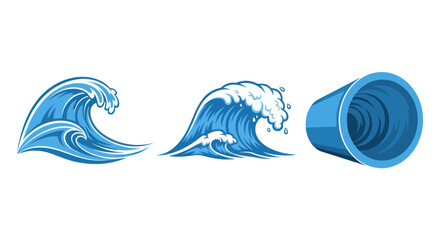 Ocean Waves and Blue Plastic Pot on White Background.