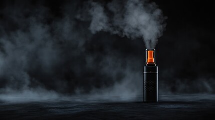 Black spray bottle with orange nozzle on smoky background