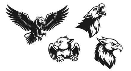 Monochrome Eagle Wolf and Griffin Illustrations in Vintage Style.