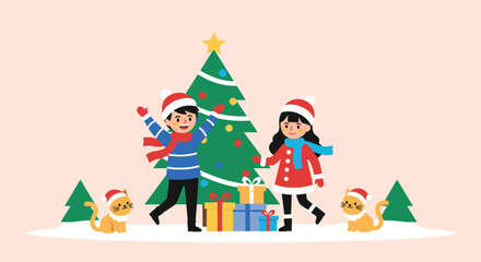 Fototapeta premium Children and pets celebrate christmas with snow and gifts.