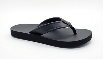 Single black flip-flop on white background, close-up, casual, studio