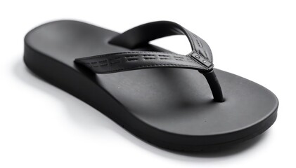 Single black flip-flop on white background, close-up, footwear, isolated