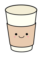 Cute kawaii coffee cup with smiling face and rosy cheeks