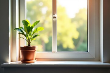 Single plant in pot on windowsill, empty room, simple, nature