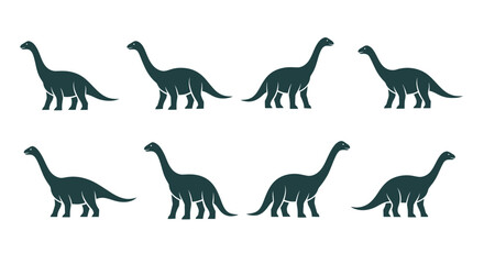 Collection of eight dark green dinosaur silhouettes walking in a row.