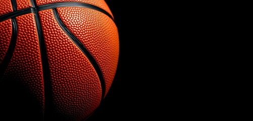 Fototapeta premium Close-up of basketball on pure black background, showcasing texture and highlights, simple, sports equipment