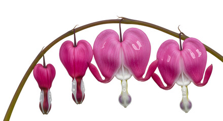 Bleeding Heart Flowers on a Stem | Dicentra Spectabilis Blossoms Isolated on White Background for Botanical Illustration, Spring Designs, and Valentine's Day Content