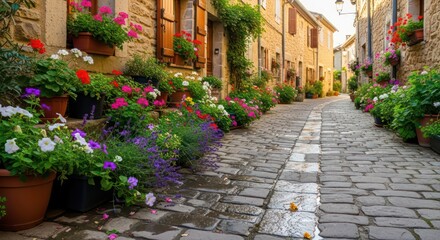 Charming European Street Adorned with Colorful Flowers and Cobblestone Pathway