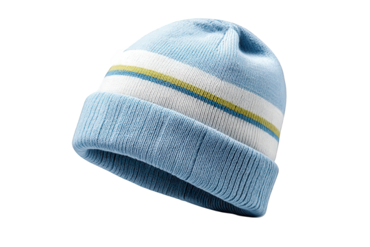 Blue knitted beanie with white and yellow stripes, isolated on transparent background