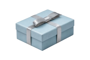 Light blue gift box with silver ribbon isolated on transparent background