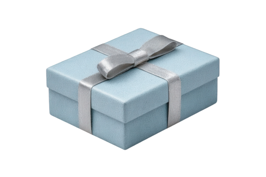 Light blue gift box with silver ribbon isolated on transparent background