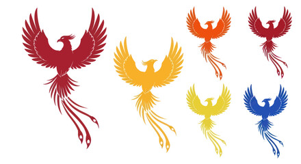 Collection of colorful mythical phoenix bird vector illustrations.