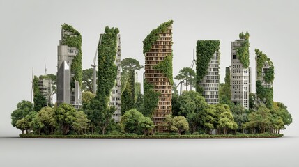 Green city concept featuring buildings covered in plants and renewable energy wind turbine in Urban Area