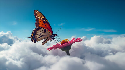Beautiful butterfly rests gracefully on flower above clouds, evoking serene and peaceful sensation