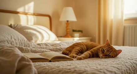 Orange cat resting on a bed next to an open book with warm sunlight. Cozy domestic scene for comfort and relaxation.